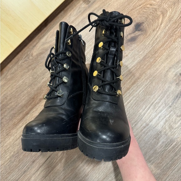 Express Size 6 Black Lace Up Booties Block Heel Gold Hardware - Picture 5 of 6